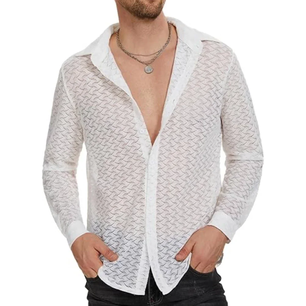 

New Men Sexy Mesh Transparent Baggy Shirt Top Long-Sleeved V-Neck Single Breasted Sheer Chiffon Shirt Tops For Man Clothing