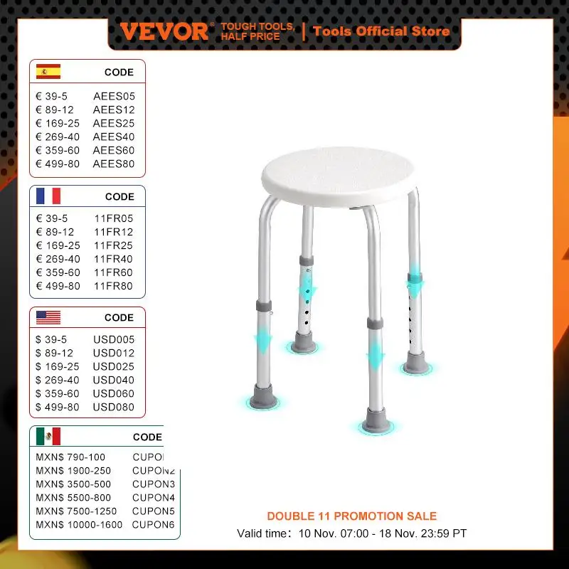 VEVOR Shower Chair for Inside Shower Adjustable Height Shower Stool Non-Slip Bench Bathtub Seat  for Elderly Disabled Adults