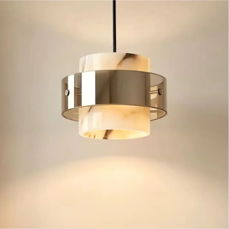 Modern Natural Marble With Glass Small Pendant Light Chandelier High Ceiling E27 Hanging Lamp For Bedroom Living Room Hotel