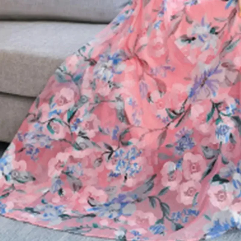 Damenkleid, eleganter Falda-Kleidung mit V-Ausschnitt und Blumendruck, kurzärmelige Midi-Kleider mit Blumendruck für Reisen