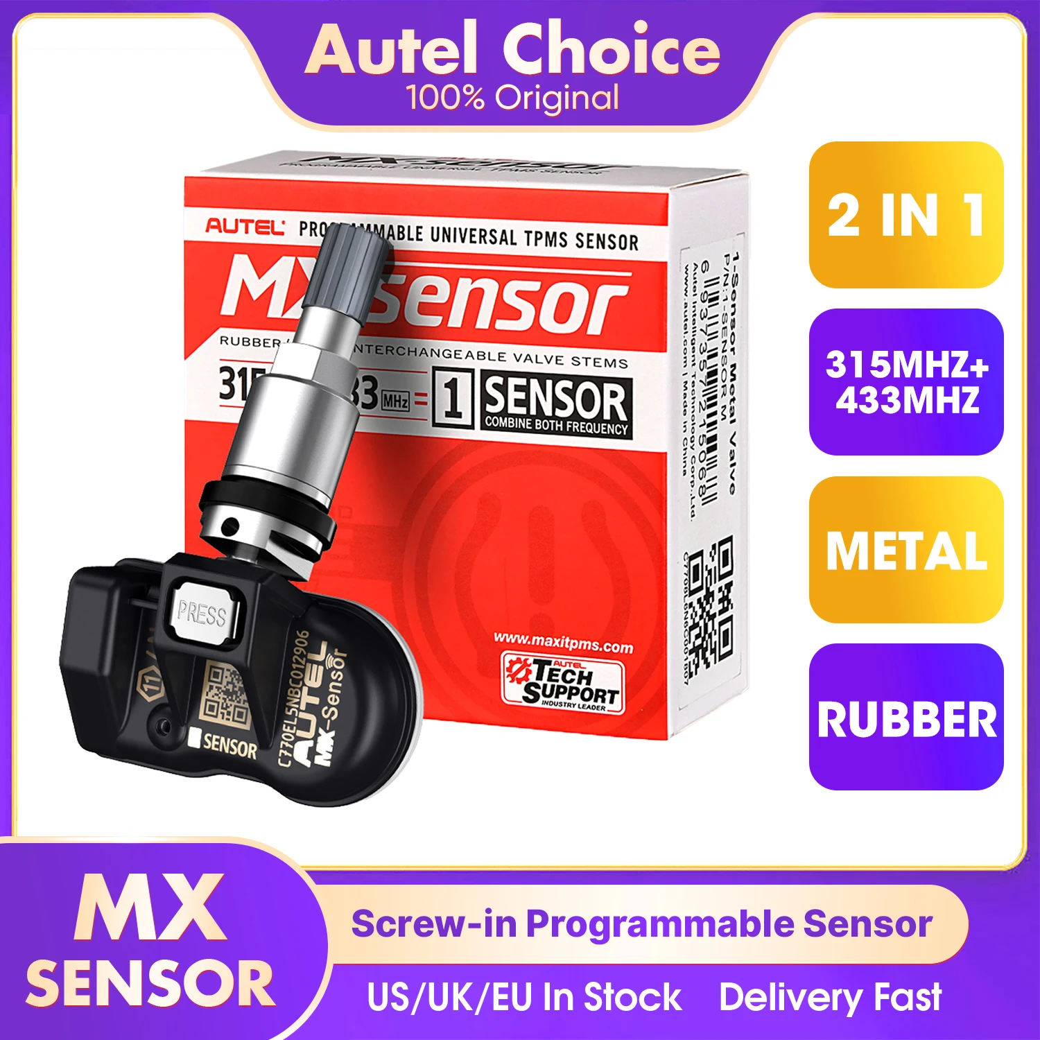 Autel – capteur TPMS MX 2 en 1, 315/433MHz, avec programmation clonable, pour outil de surveillance de la pression des pneus de voiture, TS501/TS508