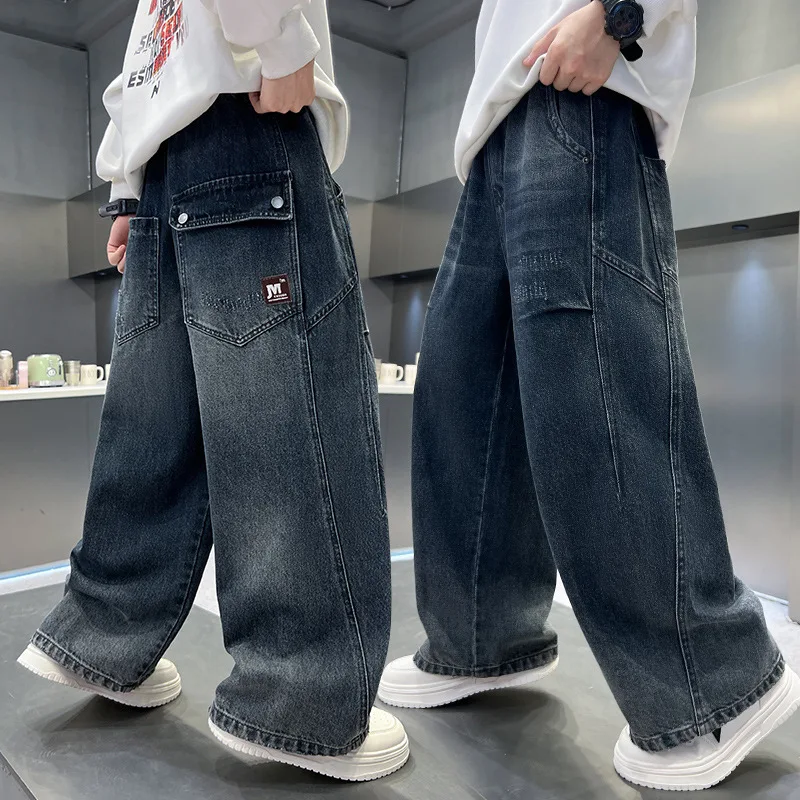 Teenage Boy Casual Cargo Jeans with Big Pocket For Child New Loose Style Denim Pants Kids Fashion Street Jeans Trousers 5-14T