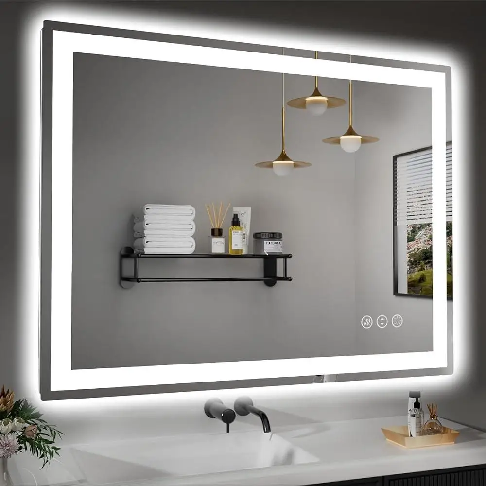 Dimmable LED Bathroom Mirror with Double Lights Anti-Fog Backlit Front Light Adjustable Brightness Touch Control Shatter-Proof