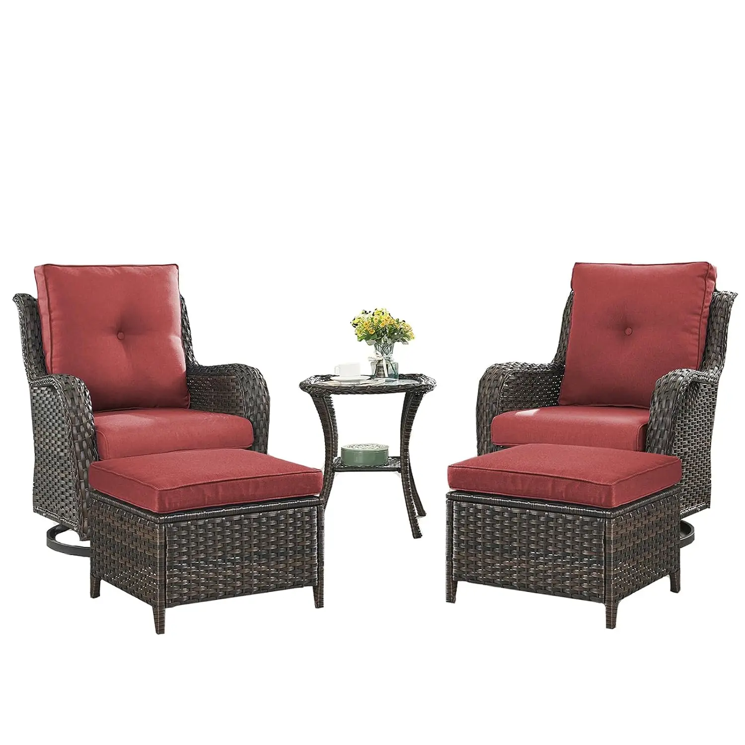 

5pc Wicker Patio Set Rattan Sectional w Swivel Rockers Ottoman Side Table Porch Deck Garden Brown Red Customized