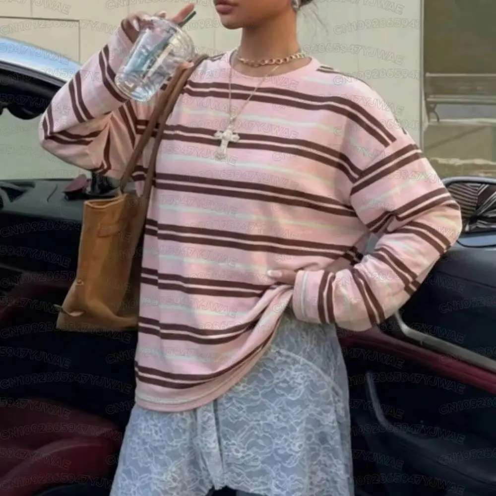 Frühlings- und Herbst-Damen-T-Shirt mit minimalistischem Streifenmuster, Rundhalsausschnitt, langen Ärmeln, Übergröße, im Retro-Amerikanischen Stil. – Detail 4