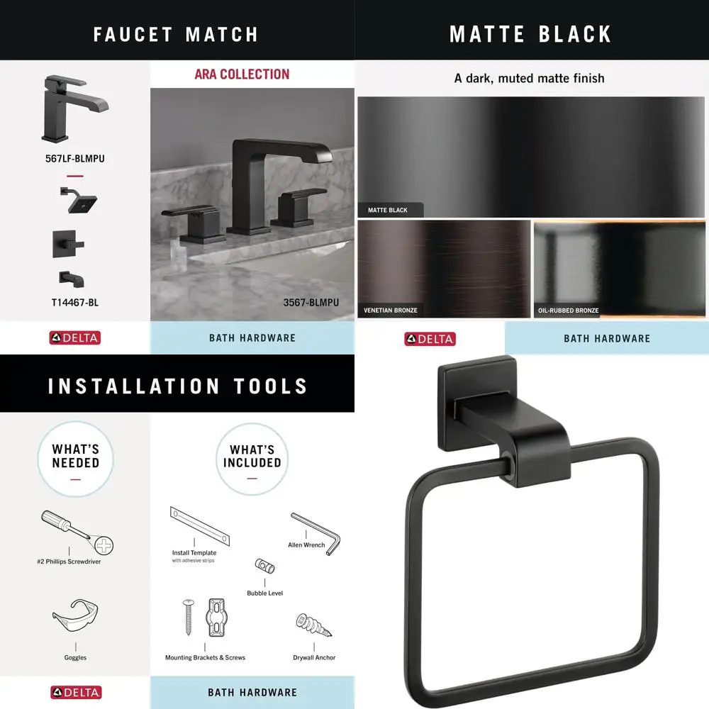 

Matte Black Wall-Mounted Square Towel Ring Holder for Bathroom and Kitchen, 77546-BL