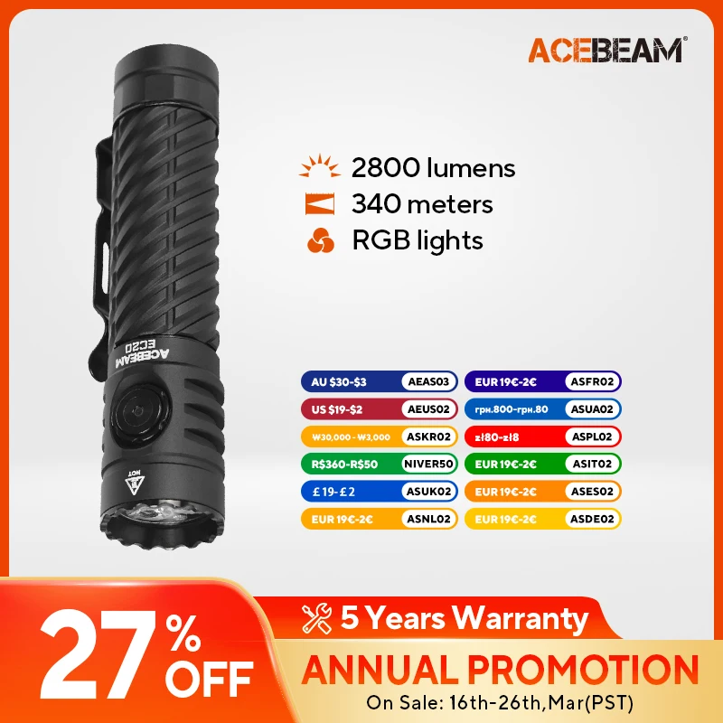 ACEBEAM EC20 new released Led flashlight EDC LUXEON HL4X Leds 2800 lumens 340 meters 18650 battery multi-color auxiliary lights