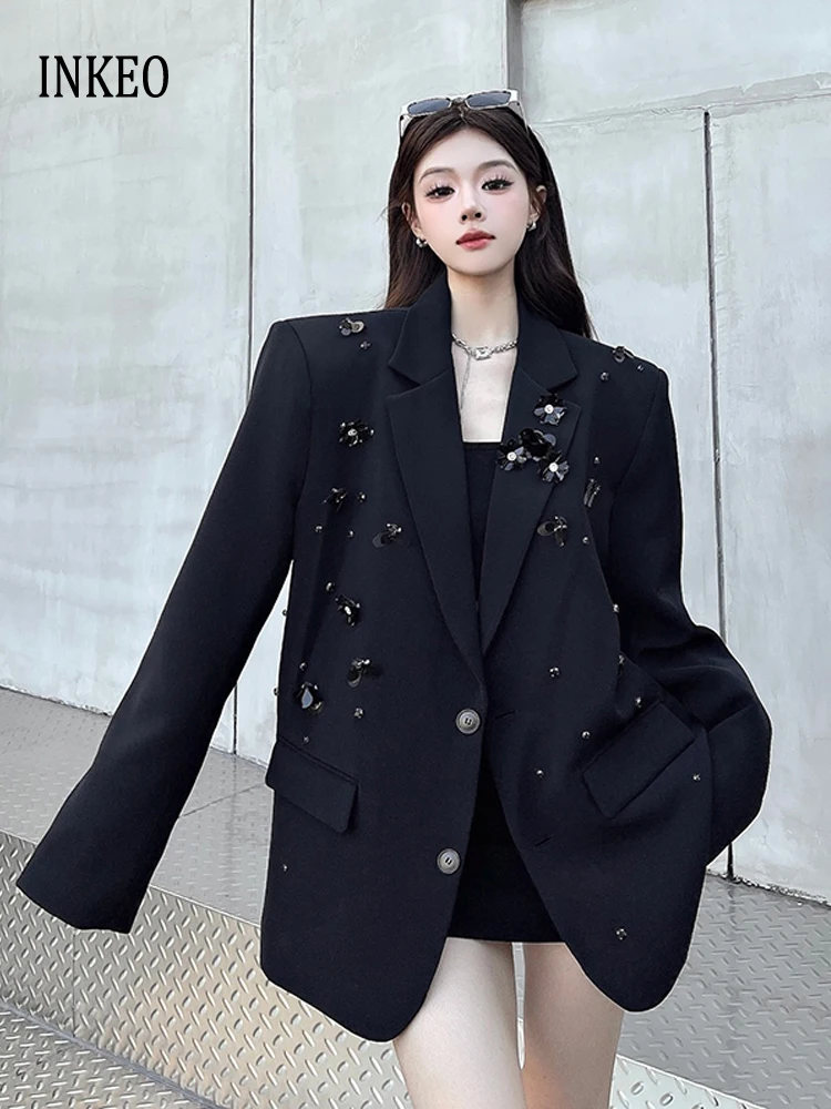 High street Sequined beading blazer for women 2026 New Black Single breasted jacket Oversize Spring autumn Coat INKEO 5O129