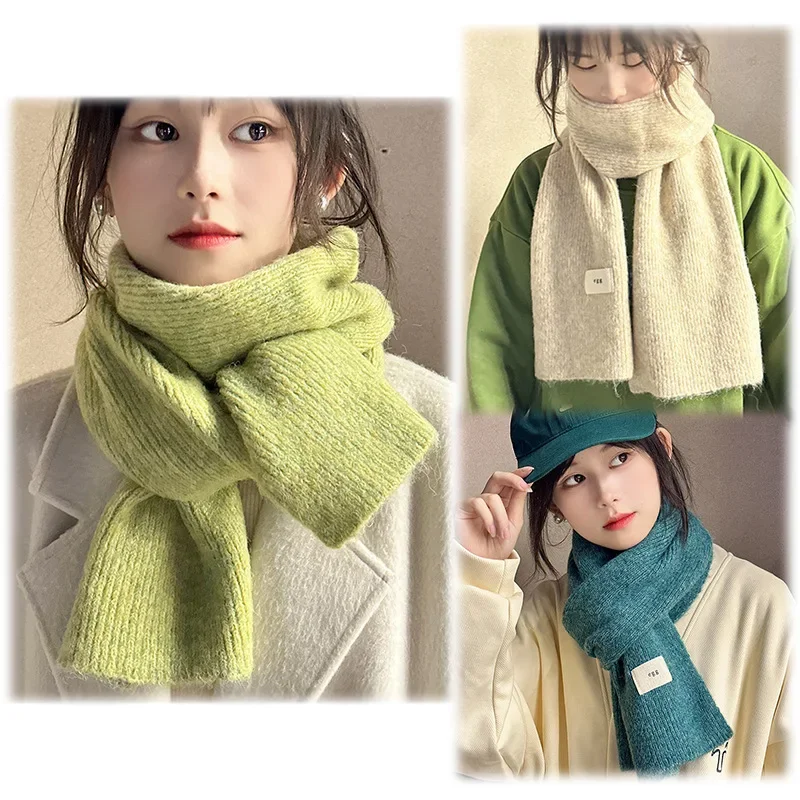 Winter Women Wool Solid Color Warm Scarf Knitted Thicken Warmer Scarves Long Size Shawl Korean Casual Soft Scarves for Female