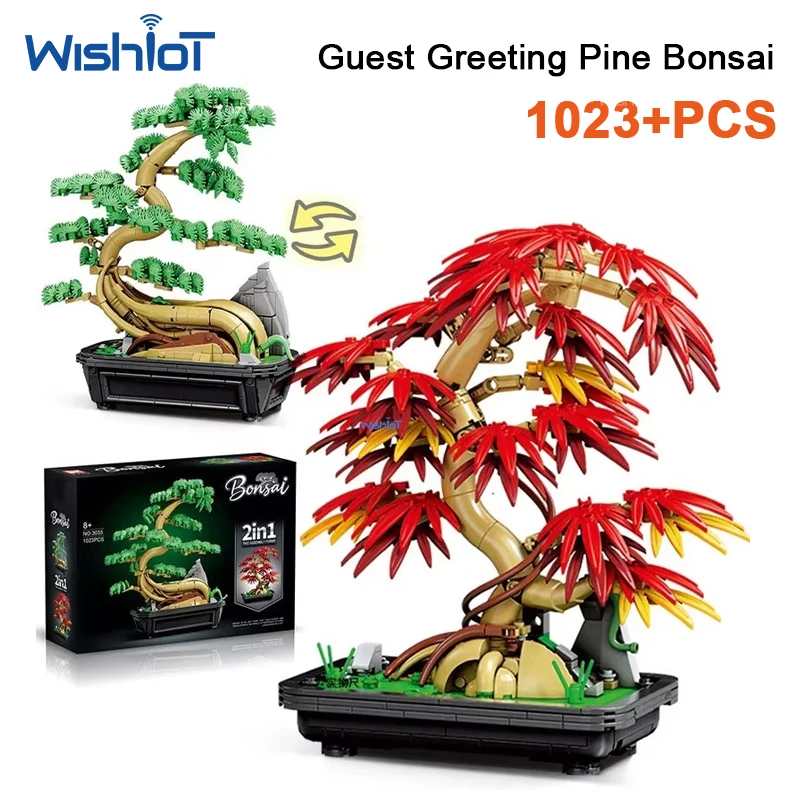 1023pcs 2IN1 Guest Greeting Pine Bonsai Building Blocks Maple Leaf Tree MOC Bricks Home Decoration Botanical Garden Toys
