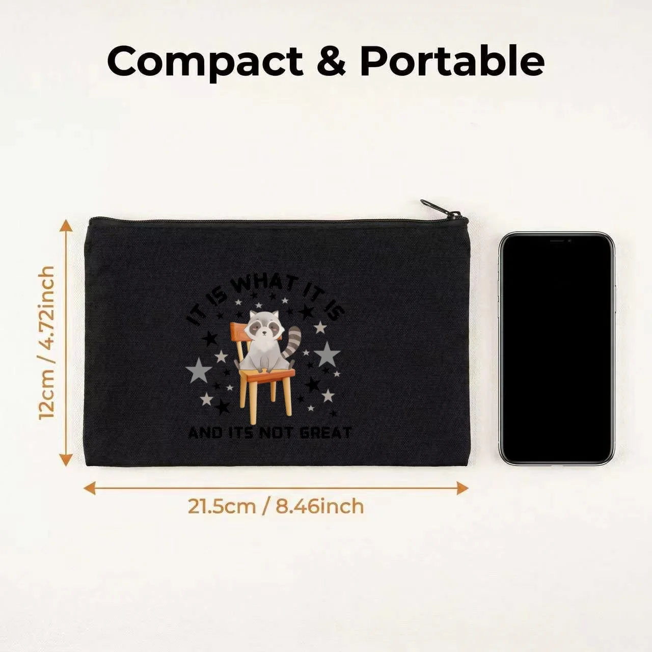 1PC It Is What It Is Sad Raccoon On Chair Star Print Canvas Cosmetic Bag Double Sided Portable Travel Zipper Pouch