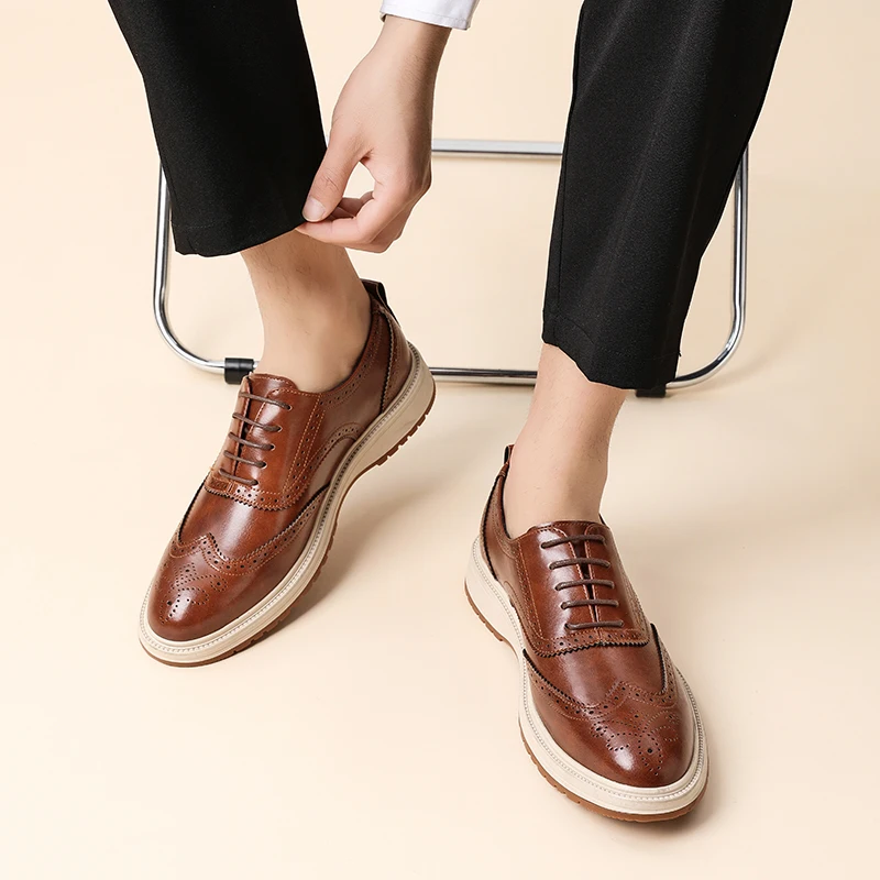 

Мужские классические туфли дерби с круглым носком, на низком каблуке, удобные, с резным узором, на шнуровке, для делового стиля