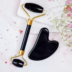 Natural Black Obsidian Roller Face Gua Sha Tool Set Crystal Stone Massager Skin Care Facial Body Neck Health Massage Scraper
