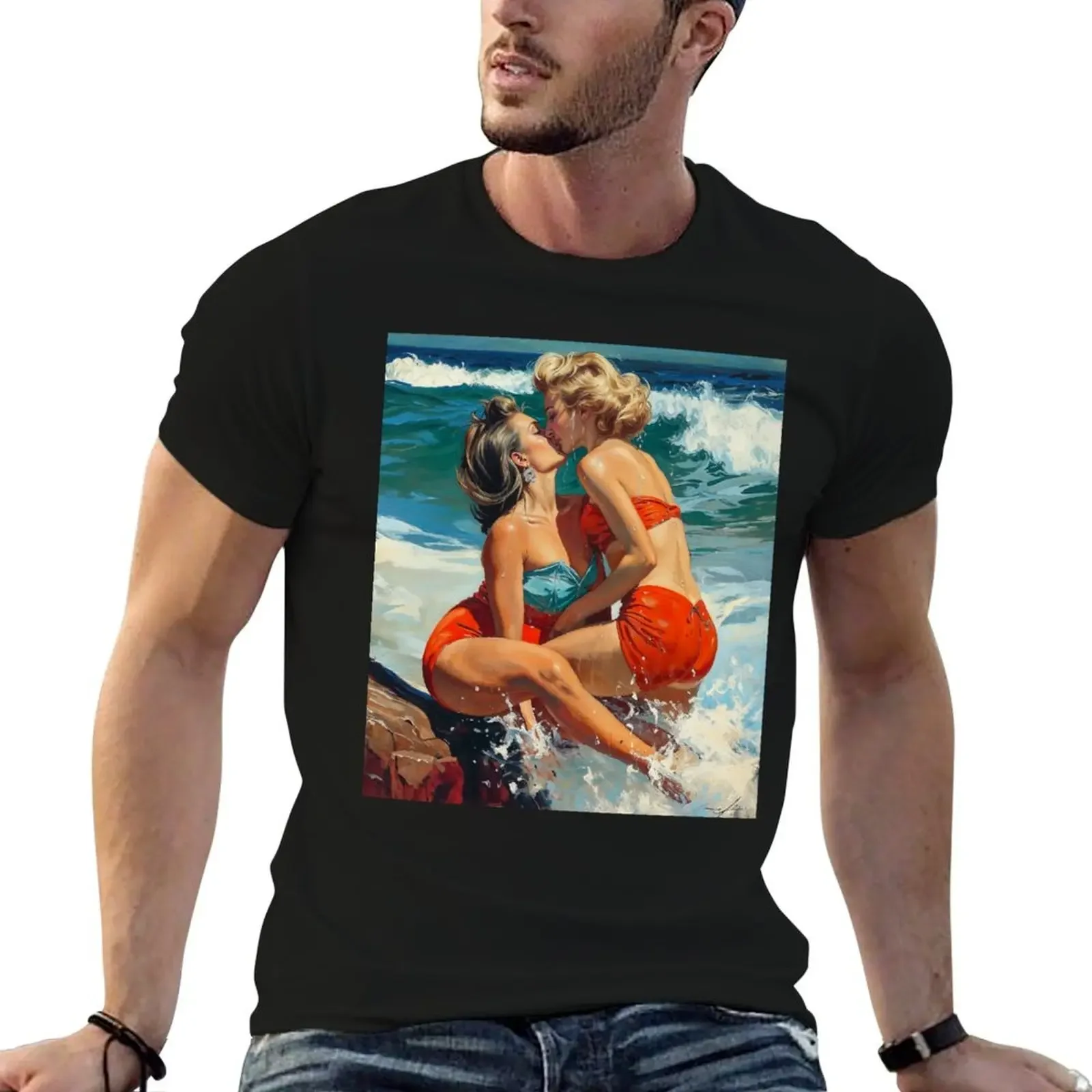 Seaside Romance: Vintage Mature Lesbian Romance Art by the Waves T-Shirt sublime vintage mens graphic t-shirts funny