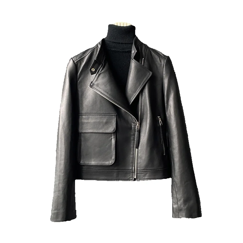 

Chunxin Genuine Leather Jacket For Women's Short Cotton Sheepskin Women's V-Neck Slim Fit Motorcycle Leather Jacket
