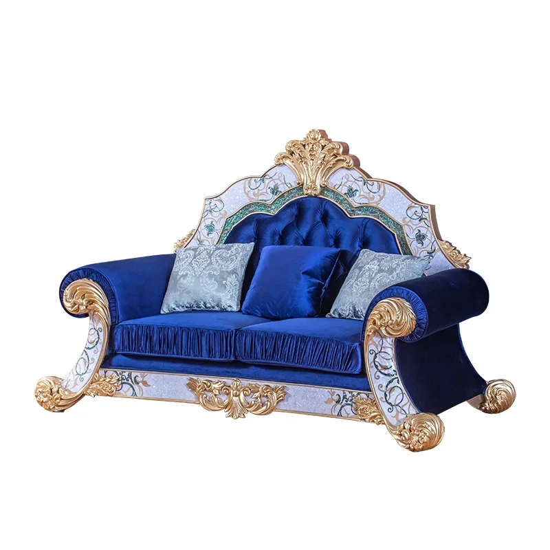 French luxury shell parquet sofa coffee table combination, European fabric solid wood carving flower