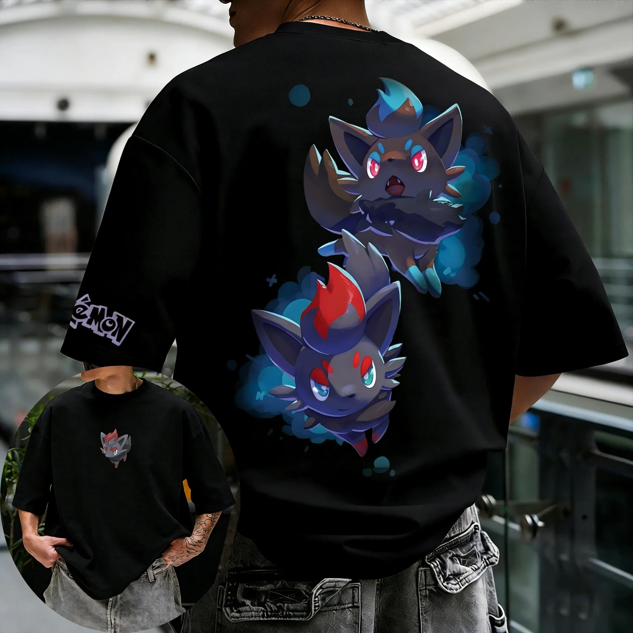 

Pokémon Co Branded Men's and Women's Summer T-shirt NewNew Zorua Printed Harajuku Oversized Loose Casual Y2K Parent-child Top