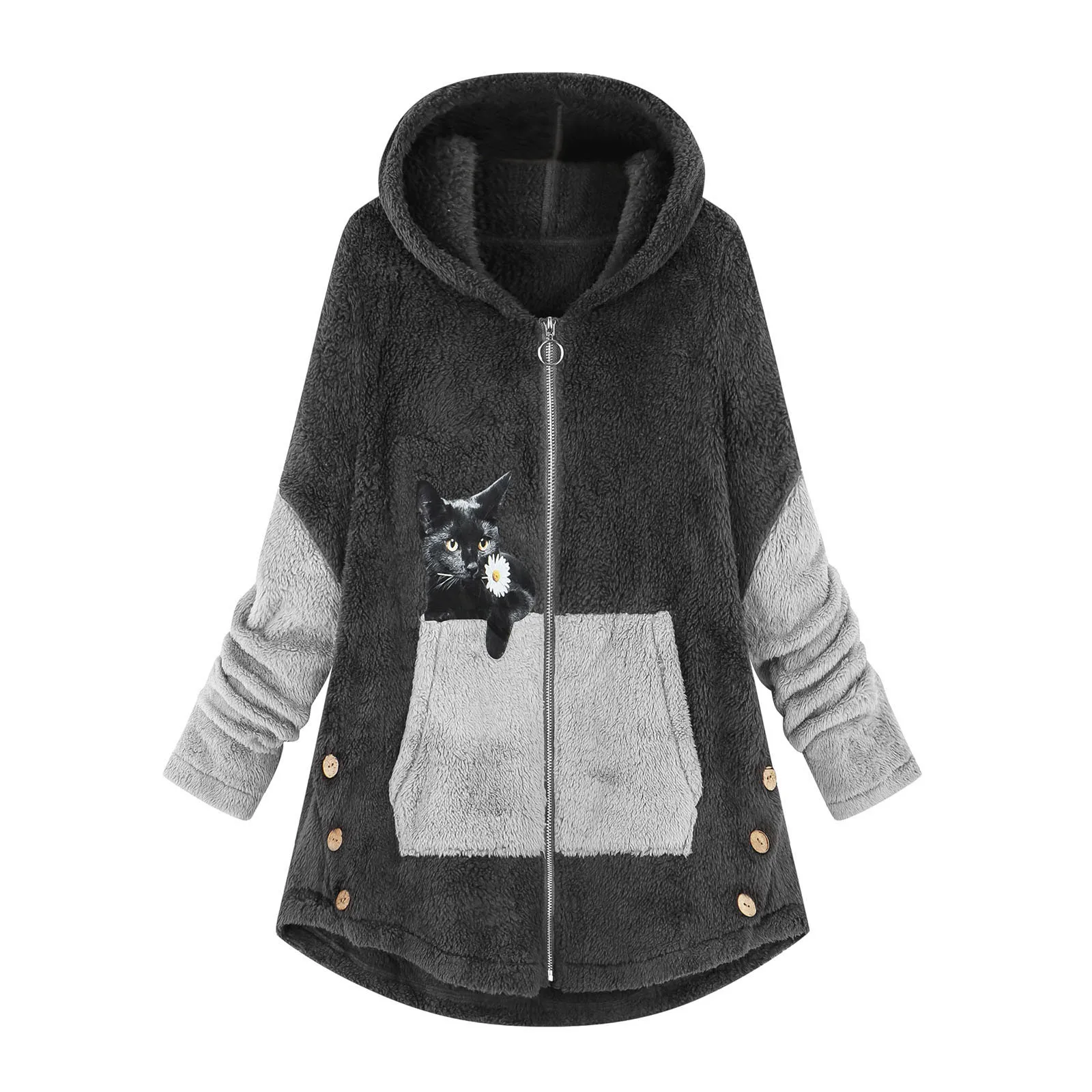 Dames sherpa-knoopjas met lange mouwen, trui, pluizig fleece-sweatshirt, casual losse pluizige hoodies, warme winterjassen