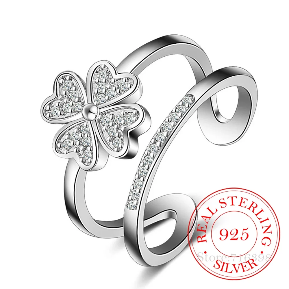 925 anéis de prata esterlina para mulheres mosaico cz zircônia sorte trevo de quatro folhas multi-camada anéis redimensionáveis bague presente de casamento