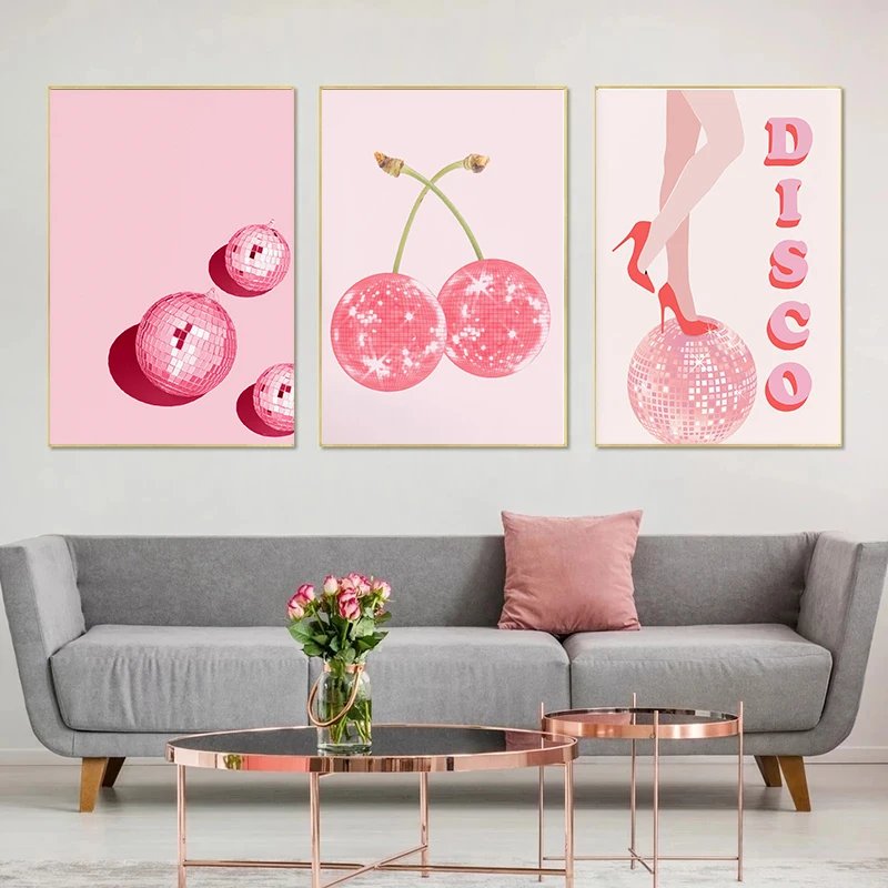 Pink and Silvery Disco Cherries Poster Ball Dancing Prints Canvas Painting  Aesthetic Wall Art Funky Living Bedroom Home Decor