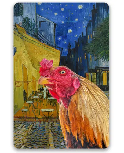 Metal Sign - Café Terrace at Night Painting-Interrupted by Rooster - Artsy Decor