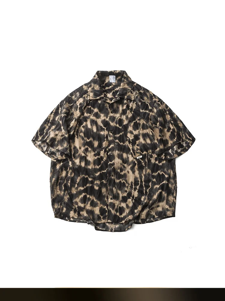 

Summer Tie Dye Shirt Jacket Loose Fit Youthful Style Short Sleeve Spread Collar Leopard Print Cool And Handsome Polyester