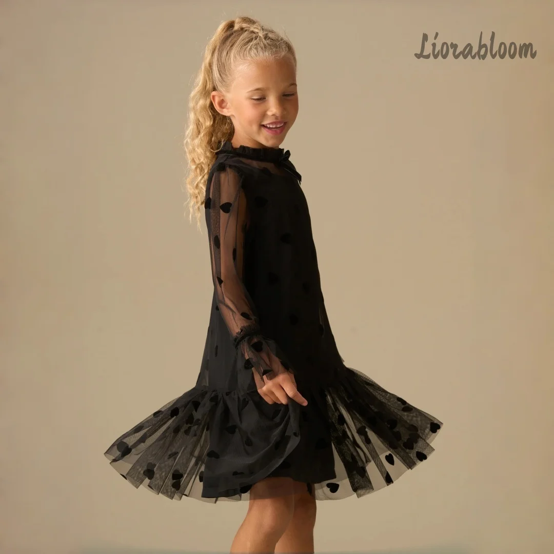 Abito Formale Personalizzato per Ragazze con Motivo a Cuore, Vestito da Principessa in Tulle con Colletto Bordato in Pizzo, Abbigliamento per Matrimoni e Feste