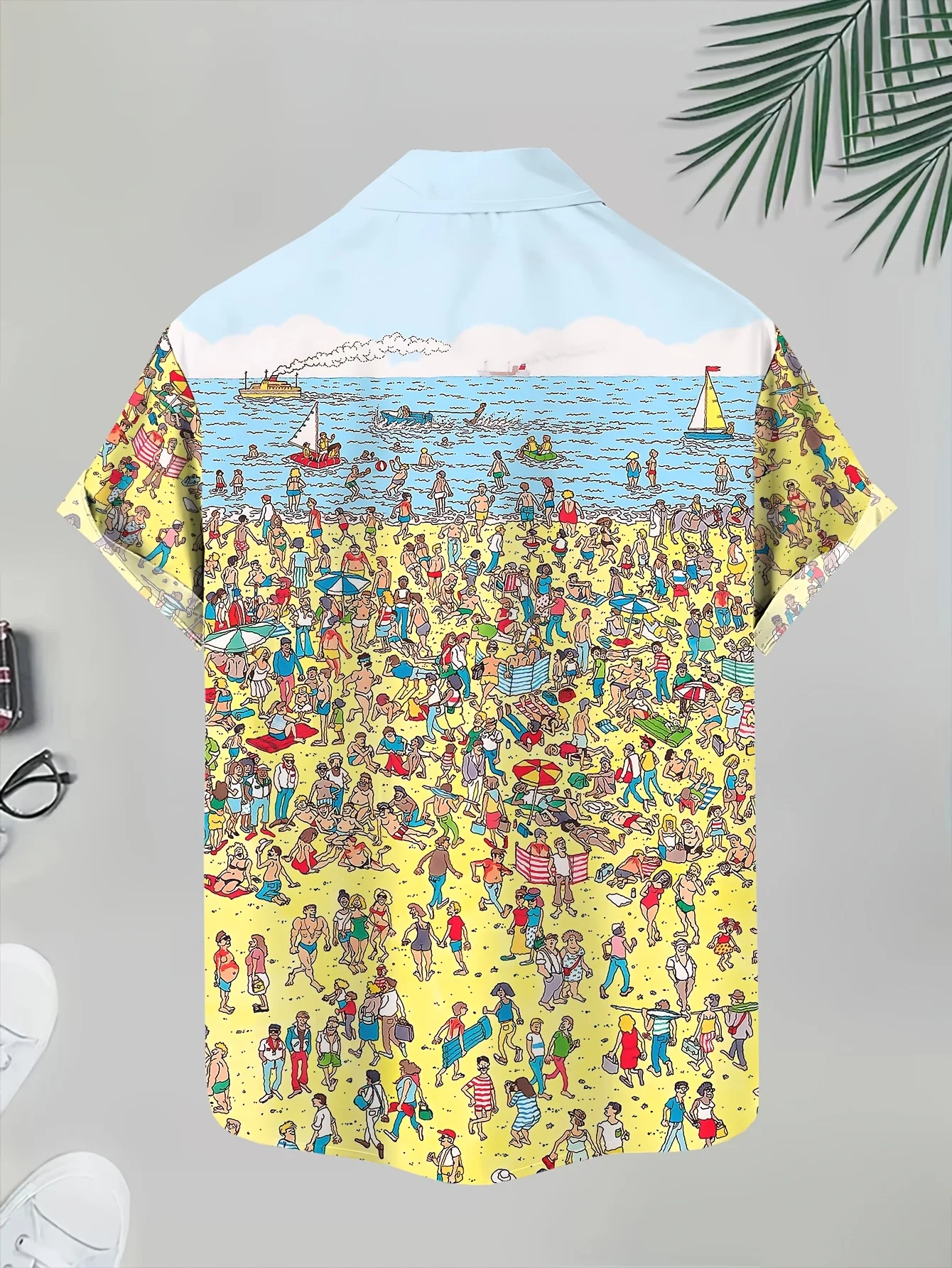 Men Funny Beach Crowd Comic Scene Print Short Sleeve Shirt Lapel Button‑up Vacation Casual Top