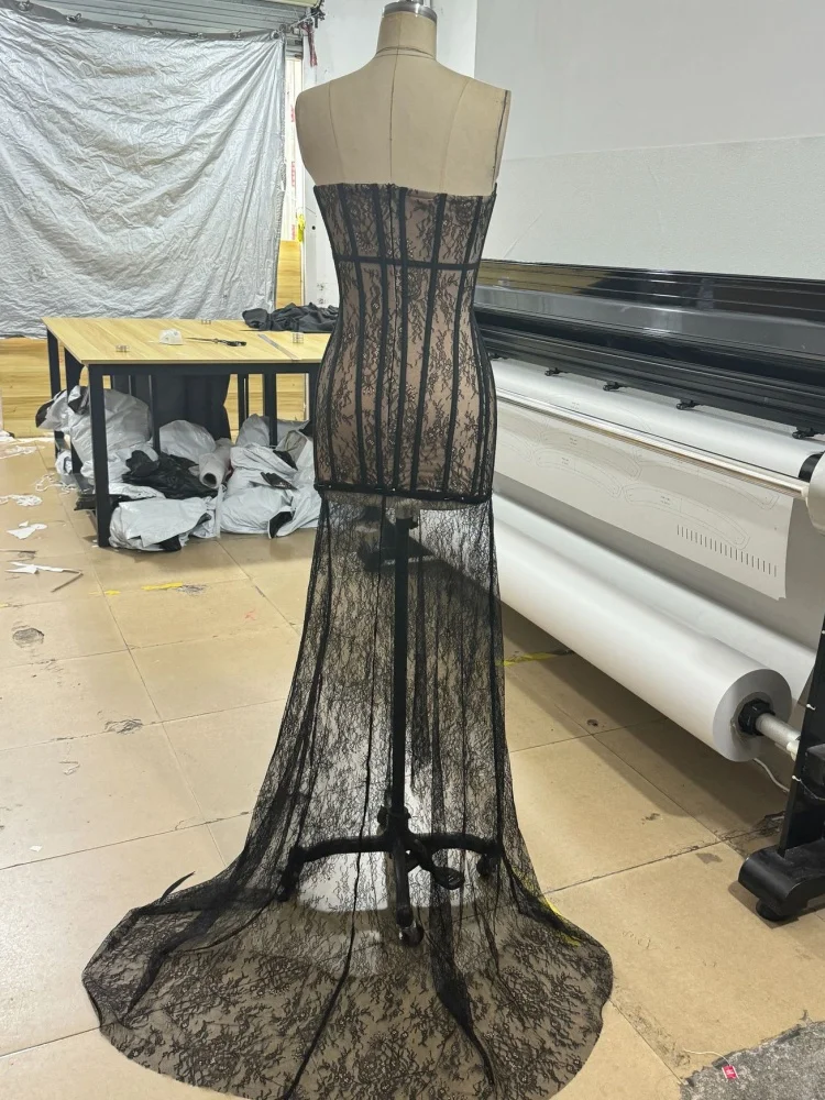 VC Gala Ethereal Glamour Lace-Detailed Black Strapless Backless V Neck Mermaid Gown with Sheer Mesh Maxi Dress