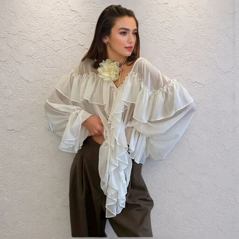 

Women's Models Fairy Spring Summer Tops Long-sleeved V-neck Chiffon Shirt Sexy Perspective Blouse Solid Color Casual Simple New