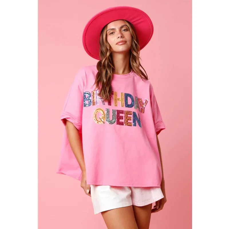 Mangas curtas lantejoulas impressão camisetas para mulher solta o pescoço retalhos pullovers moda aniversário rainha topo camiseta para mulher