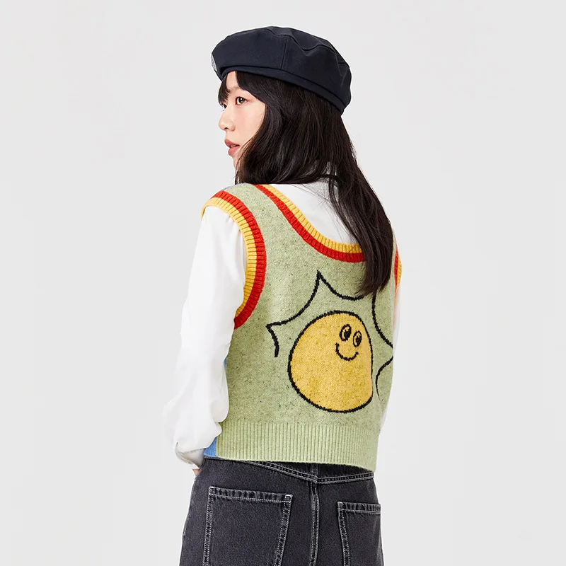 Semir Knitted Vest Women Short Niche Vitality Contrasted Color Retro Top Spring and Autumn Reversible Sweater