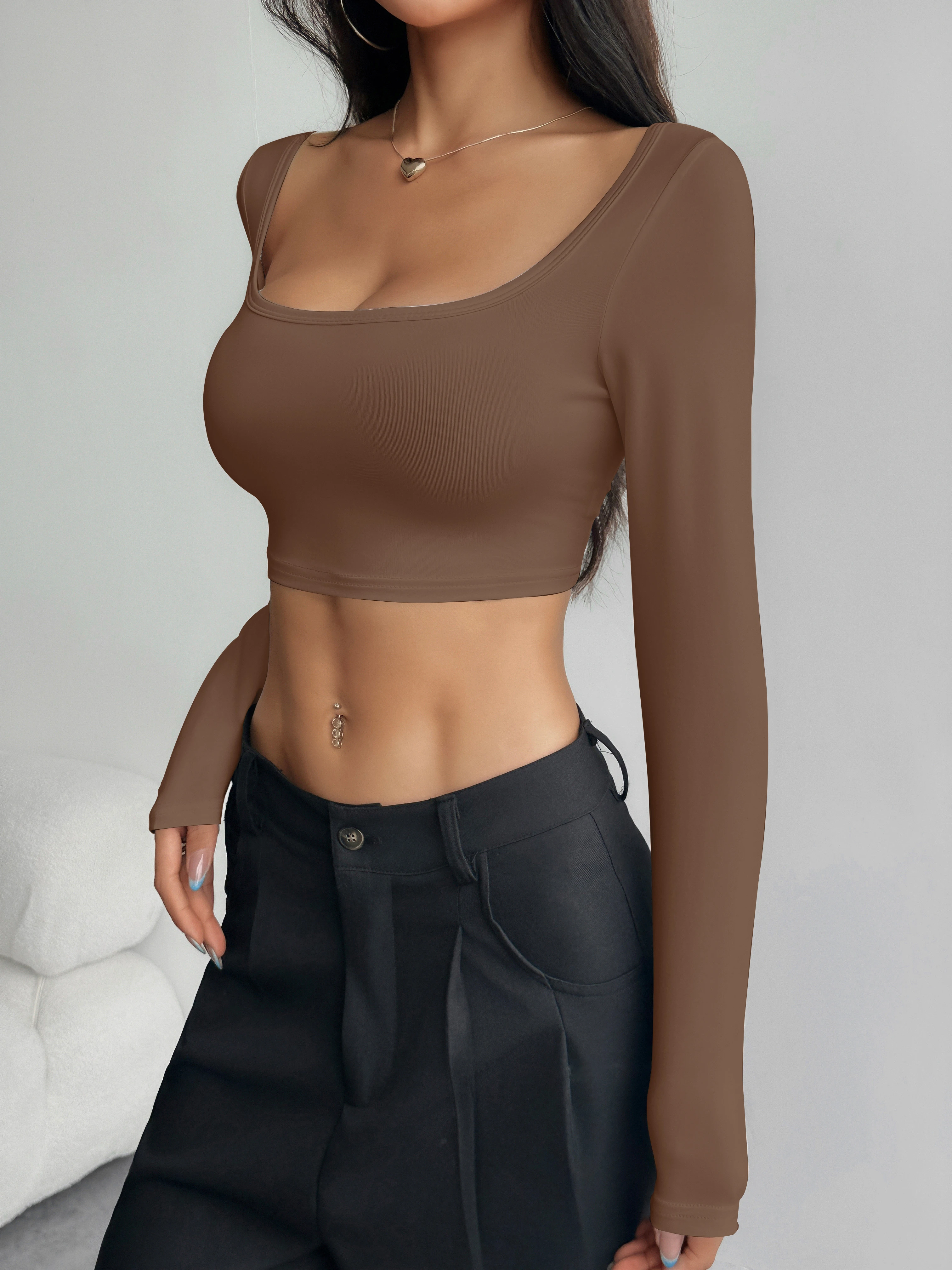 Damen-Crop-Top mit eckigem Ausschnitt und langen Ärmeln, figurbetontes Oberteil, das die Schlüsselbeine betont, heiß begehrter kurzer Bodysuit für vielseitiges Layering – Detail 16