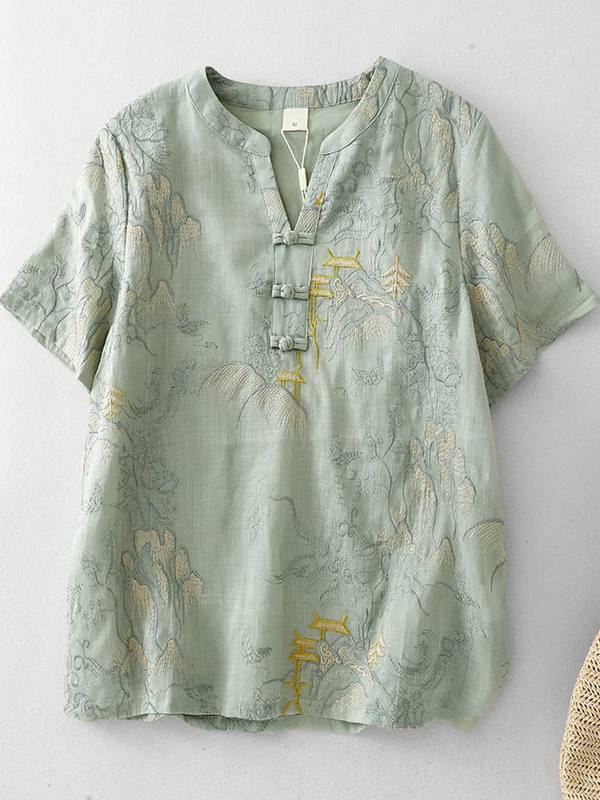 

Casual Cotton Linen Blend Embroidered Oversized V-Ne ort Sve irt Women's Summer Top Comfortable Versatile Loose Fit