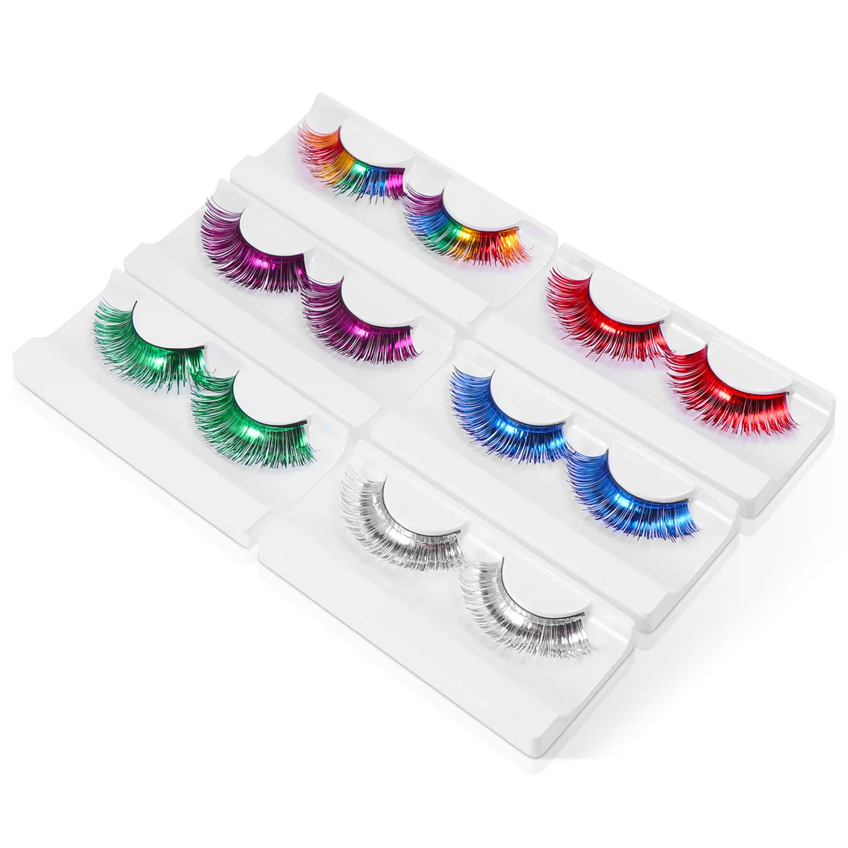 FRCOLOR 6 Paar künstliche Wimpern aus bunter Folie für Kosmetika, verschiedene Wimpernverlängerungen, Partyzubehör (grün, rot, silberfarben).