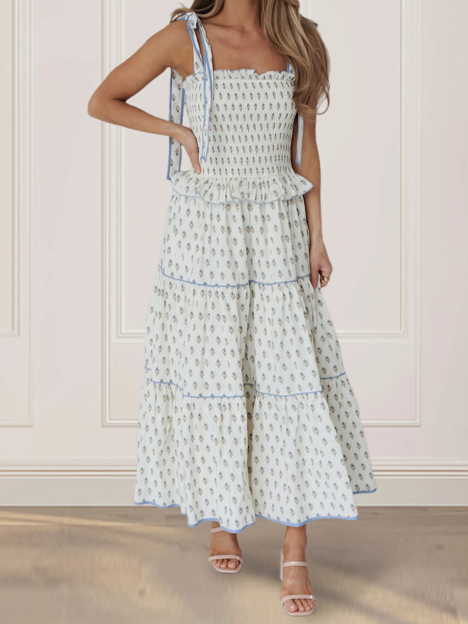 Abito lungo senza maniche con stampa floreale con spalline allacciate e scollo a V Abito casual da donna alla moda estiva