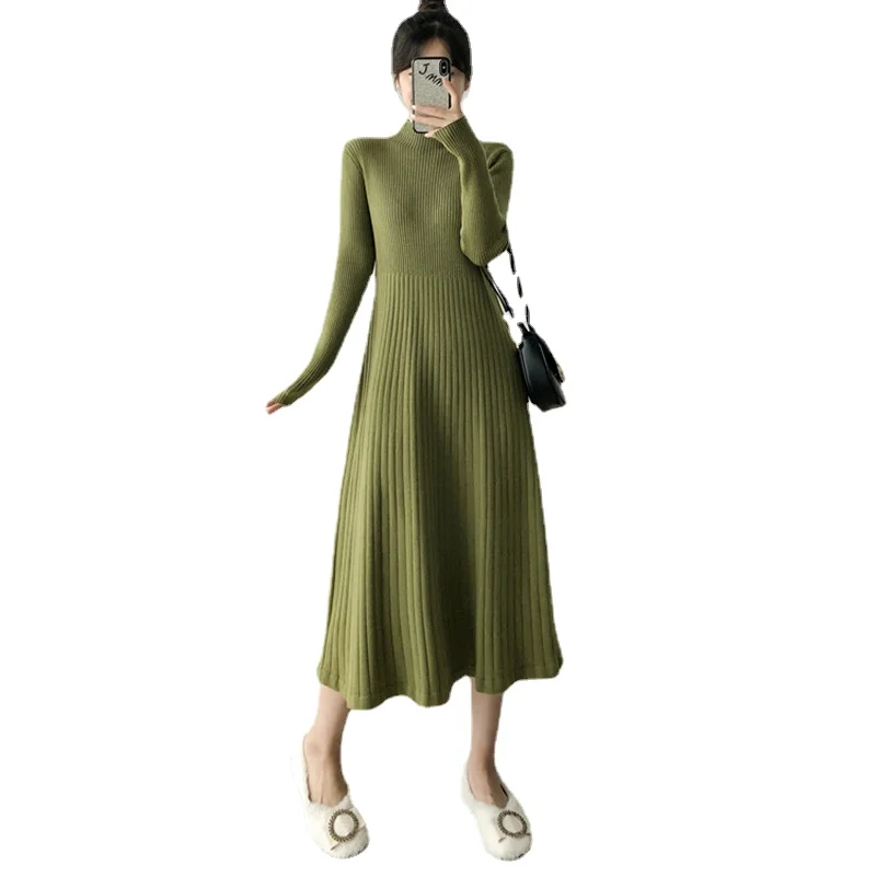 

Women's Sweater Dress Casual Turtleneck A-Line Long Sleeve Slim Waist Korean Knitwear Pullovers Vintage Harajuku Female Clothes