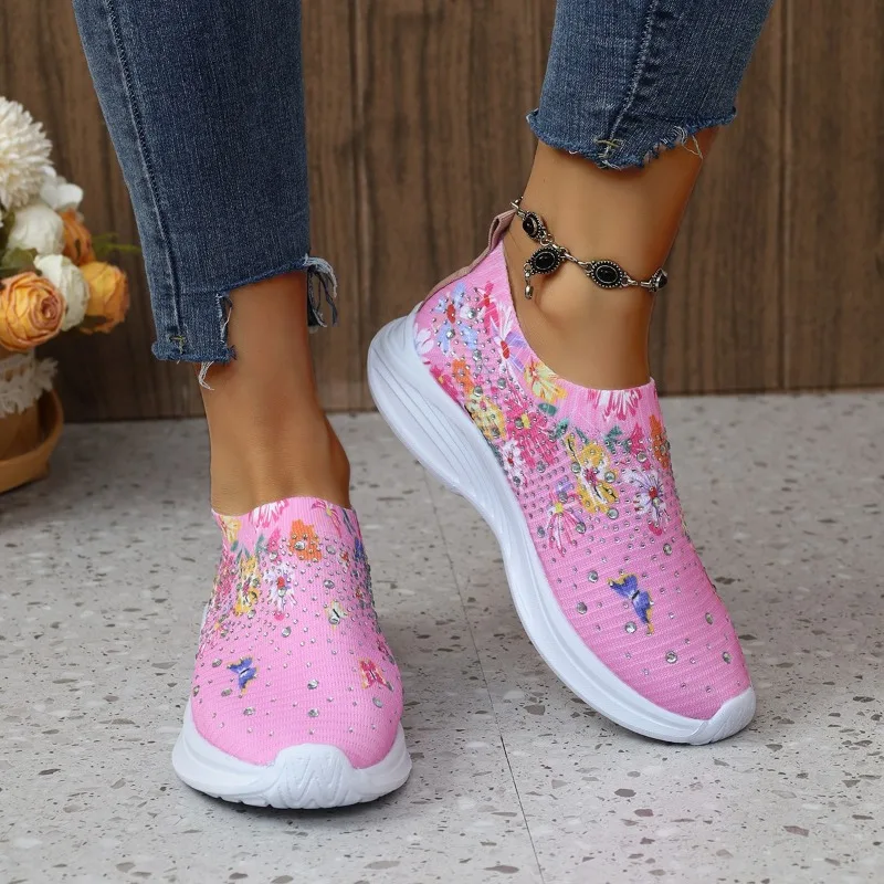 Large Size 35-43 Casual Women's Shoes New Fashion Running Shoes Printed with Floral Rhinestones for Casual Sports Zapatos Mujer