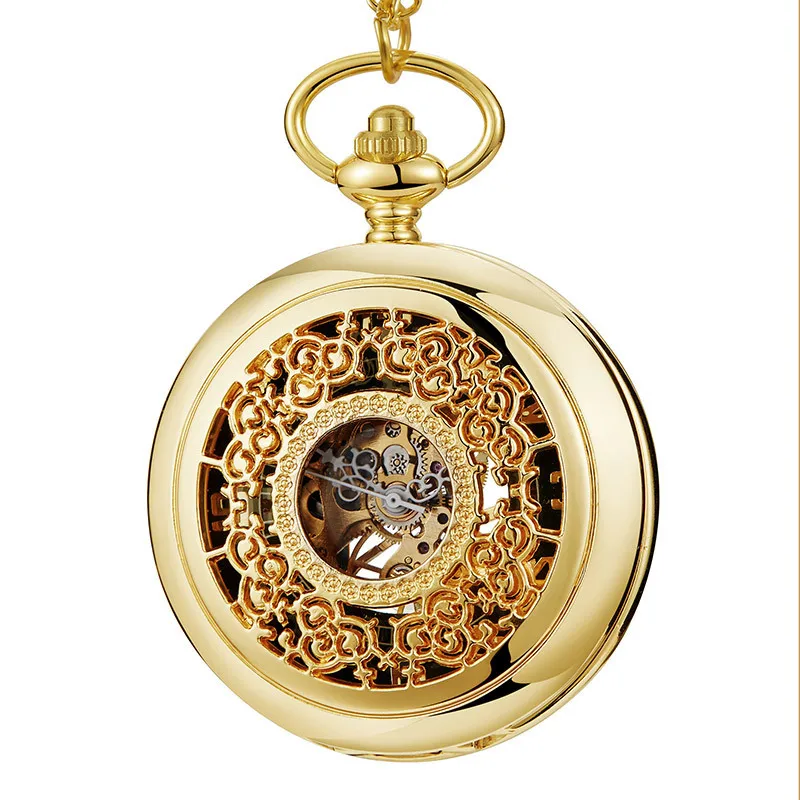 

Classic hollow men's watch automatic mechanical pocket watch, flip retro gold men's and women's gift watch
