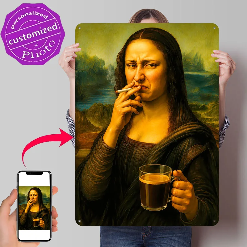 Mona Lisa With Coffee and Cigarette Personalized 3D Textured Metal Poster Wall Art Vintage Tin Signs for Modern Home Decoration