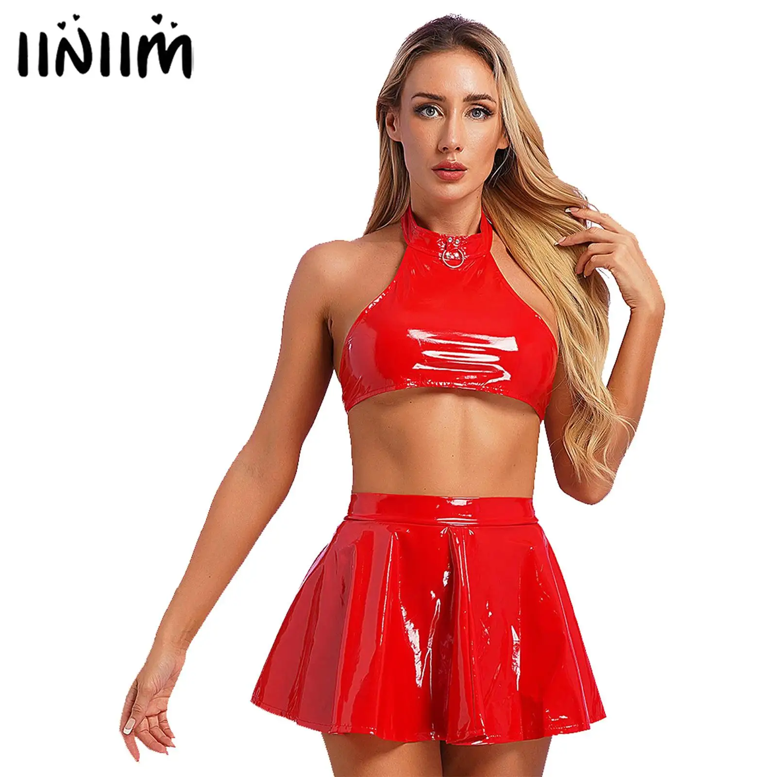 

Womens Patent Leather Crop Top with Invisible Zipper Flared Skirt O Ring Halter Vest Tops Backless Sleeveless Pole Dance Outfit