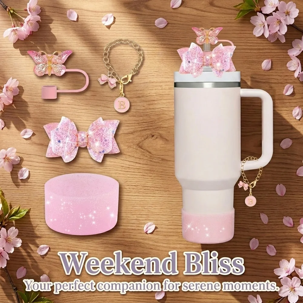 4pcs Pink Cup Accessories Set for Stanley Cup 40oz Including Silicone Straw Topper Cover Letter Charm Silicone Boot for Gift