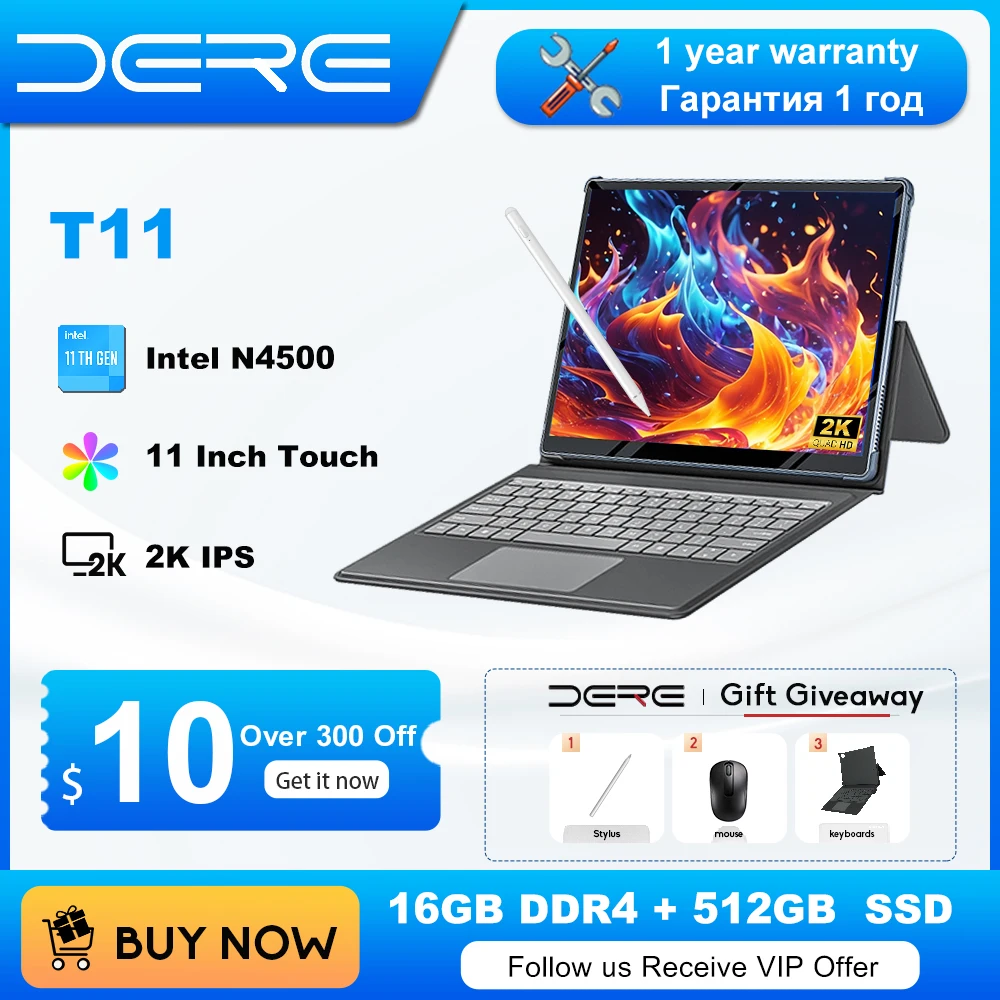 DERE-Ordinateur portable à écran tactile T11, ordinateur portable Windows 11, Ultra HD, 2K, IPS, Intel Celeron N4500, 16 Go de RAM, 512 Go de SSD, apprentissage au bureau