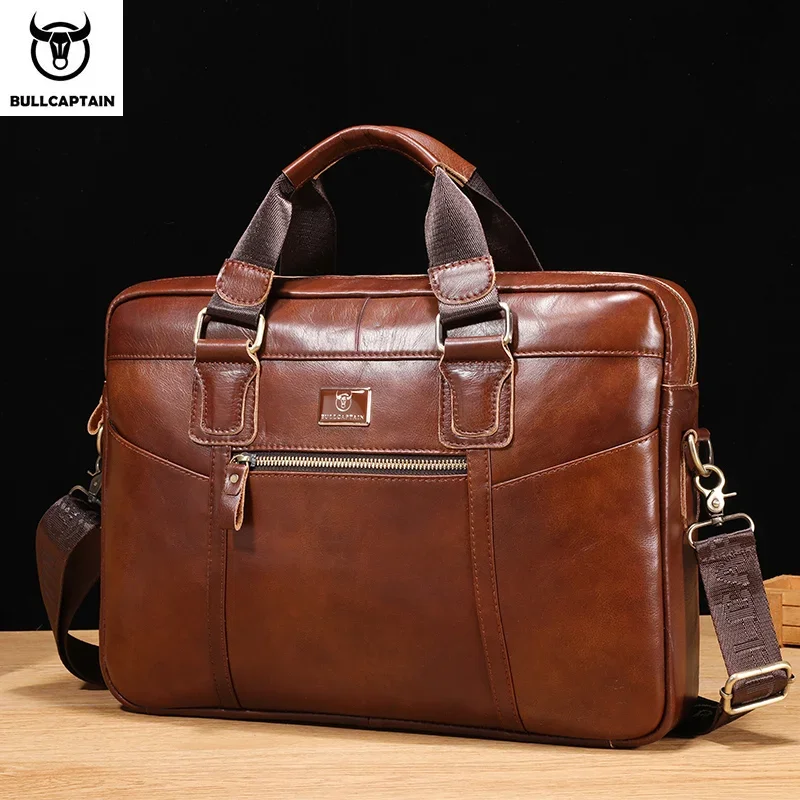 

BULLCAPTAIN Men's Leather Briefcase Can Be Used For 14-Inch Notebook Large-Capacity Work Bags Business Shoulder Messenger Bag