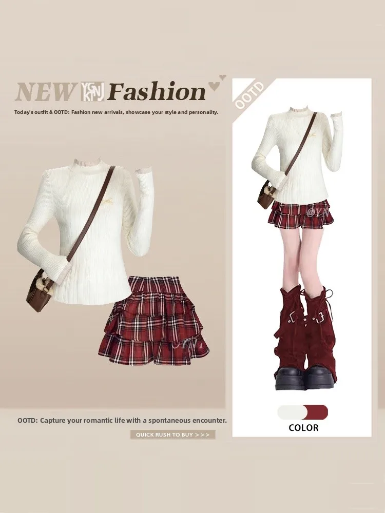 

Ele Plaid Lace f-High Collar Slim Fit Top And Skirt Set with Bow Detail for Women Spring Faion College Sle Cheer...