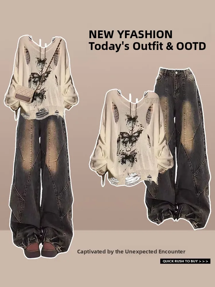 

Весенне-осенний корейский женский ажурный топ и джинсовая футболка, винтажный укороченный топ на бретельках и джинсы с высокой талией