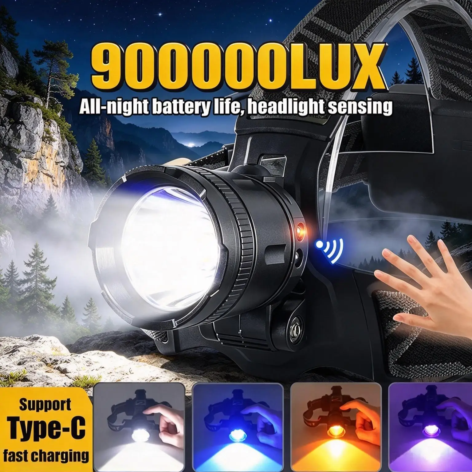 2026 Newest High Power Sensor Headlamp Four Light Sources USB Rechargeable Headlight 4 LED Head Torch Camping Fishing Head Light