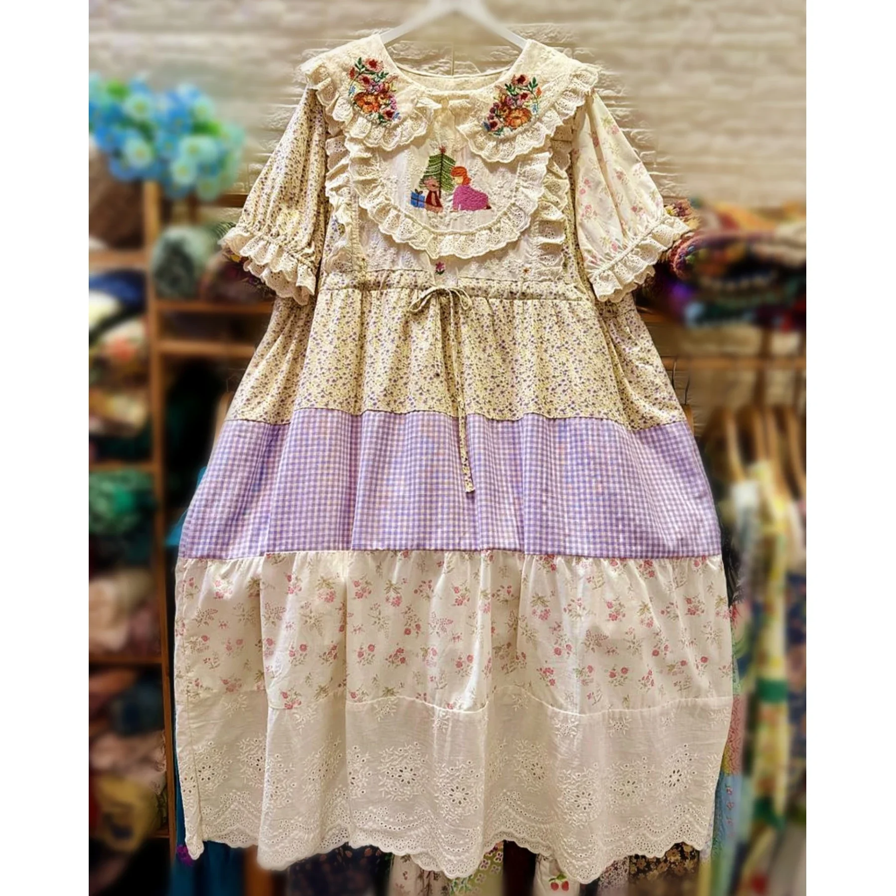 

Women Retro Chic Cotton Patchwork Lace Sweet Tunic Long Dress Summer Vintage Shabby Chic Evening Harajuku Layered Midi Dress