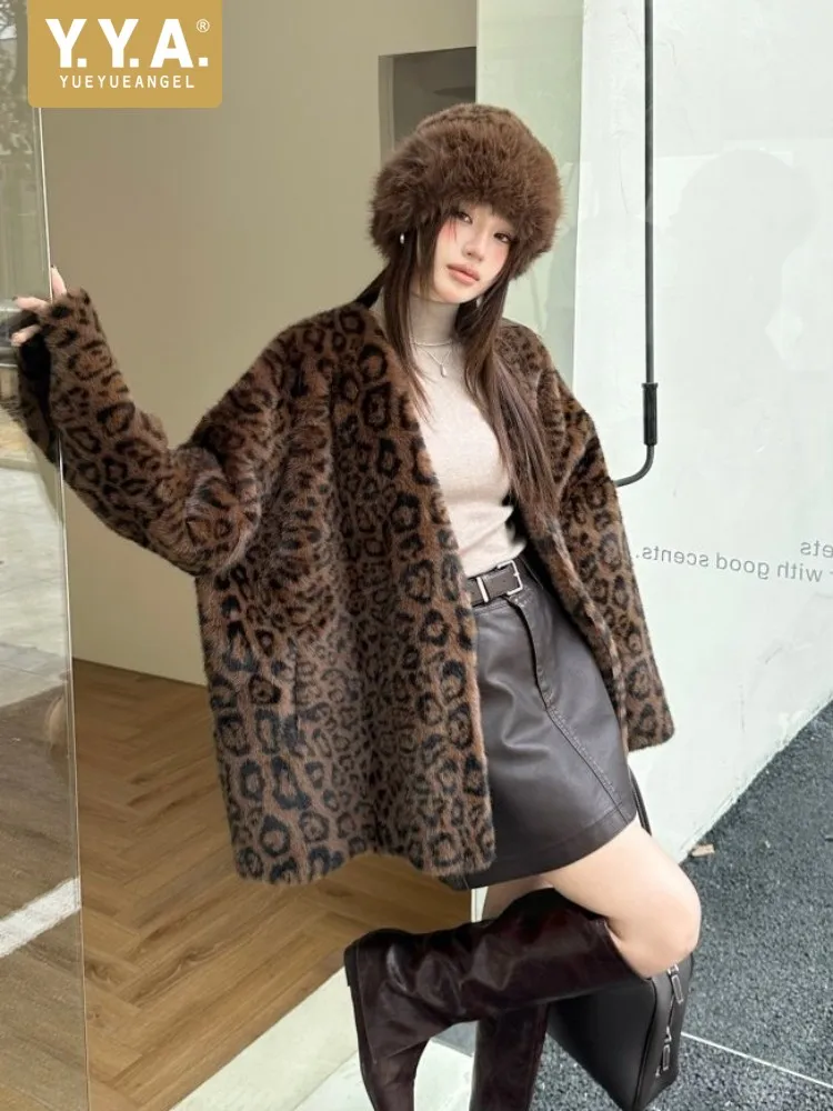 Autumn Winter Women Faux Mink Fur Leopard Print Jacket Loose Fit Medium-Length One Size Coat Fashion Casual Outerwear Hot Sale