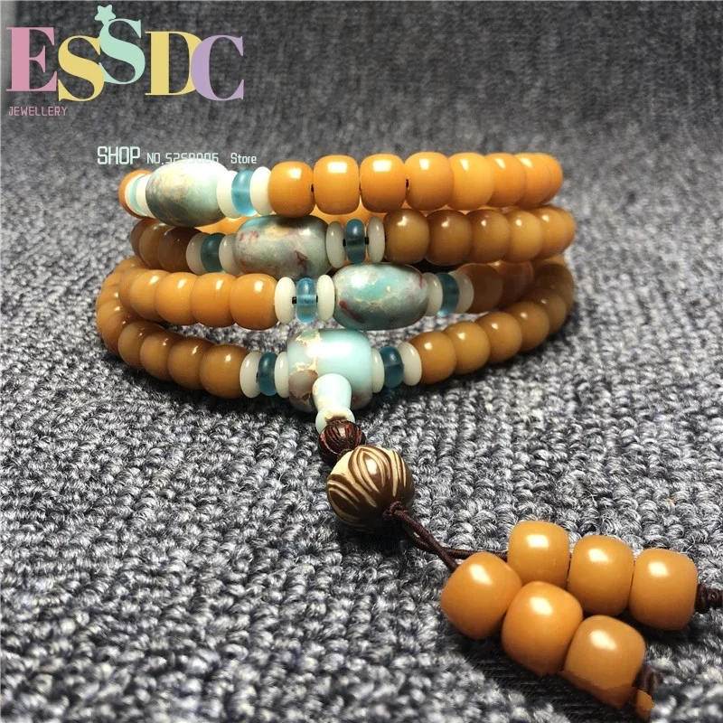

Original Design 108 Bodhi Roots Prayer Hand String with Shoushan Stone Money Weathered Bucket Beads Bracelet 10*8mm Wholesale